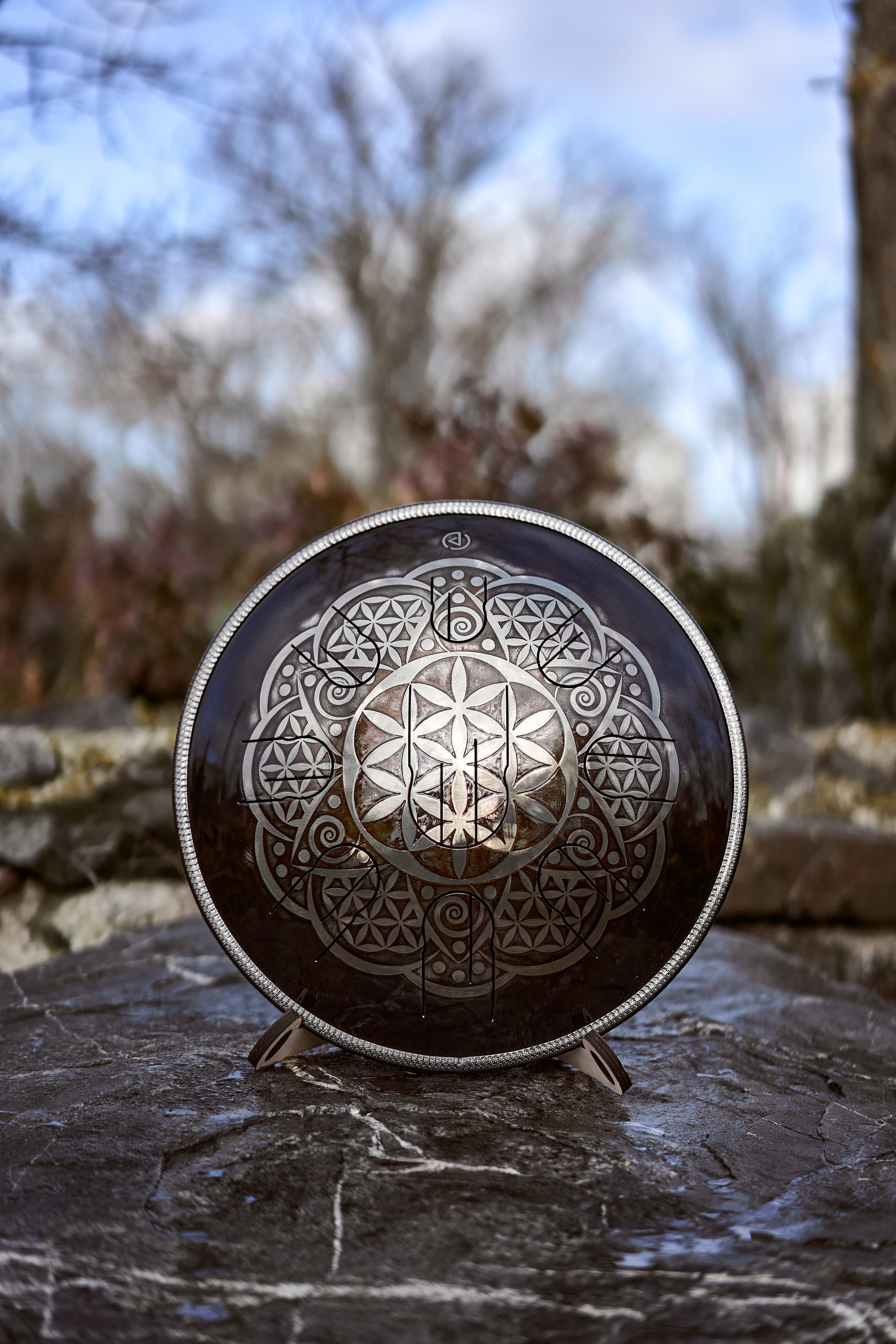 Steel tongue drum with engraving Flower of life in antique color